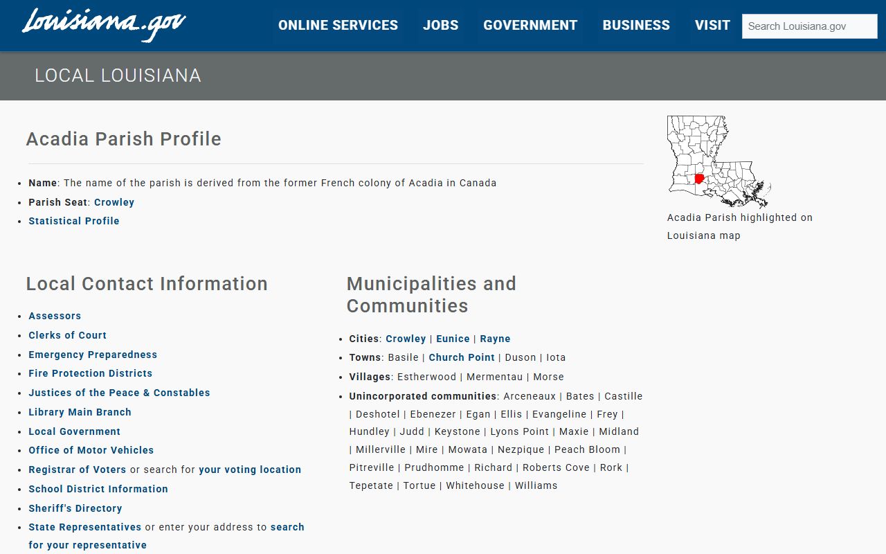 Acadia Parish Louisiana.gov information page for obituary records
