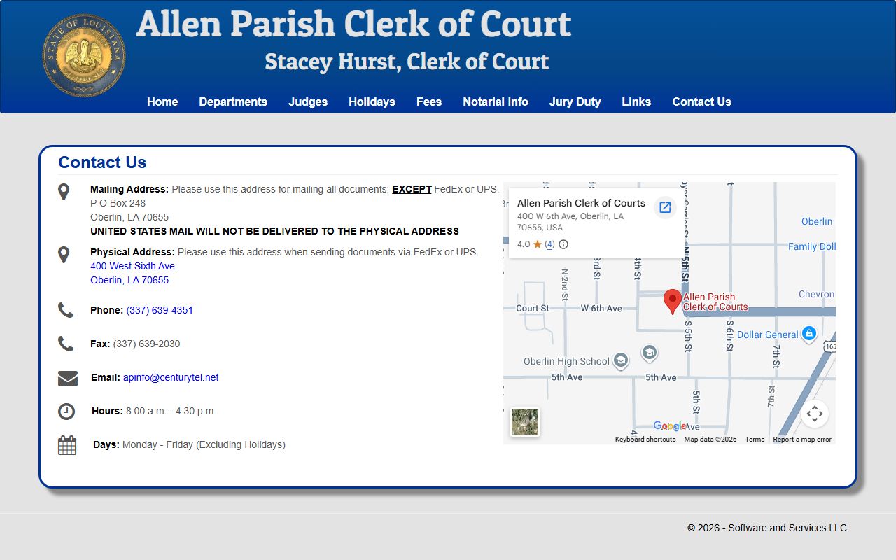 Allen Parish Clerk contact page for death records and obituary records