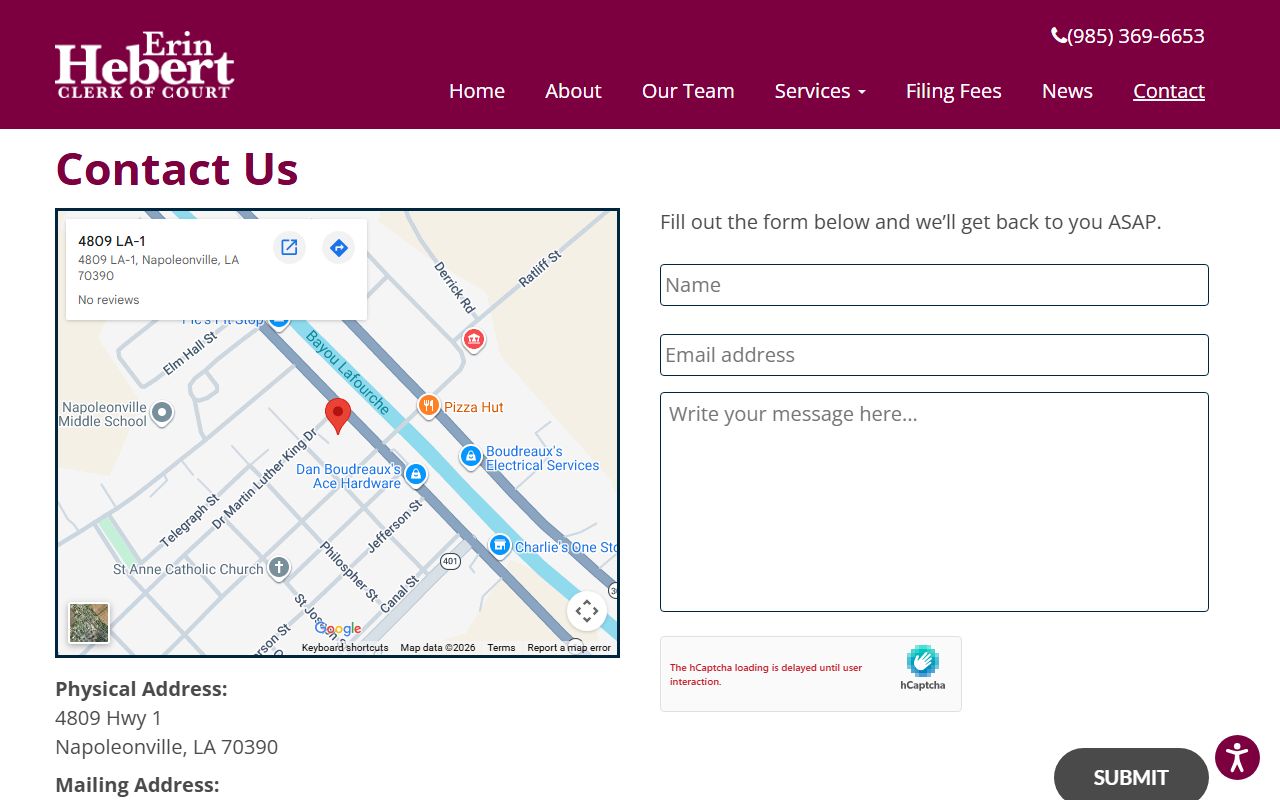 Assumption Parish Clerk contact page for death record requests