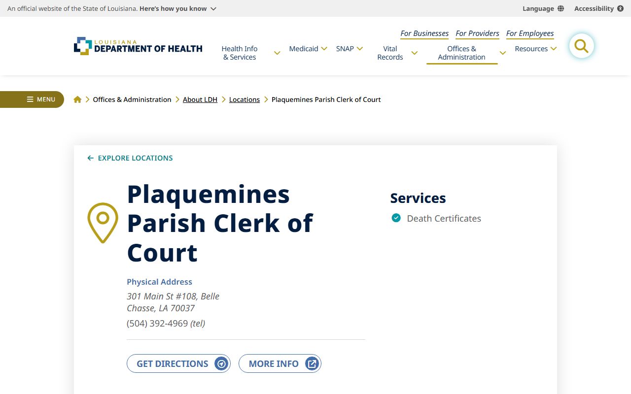Plaquemines Parish health unit page for Plaquemines Parish obituary records