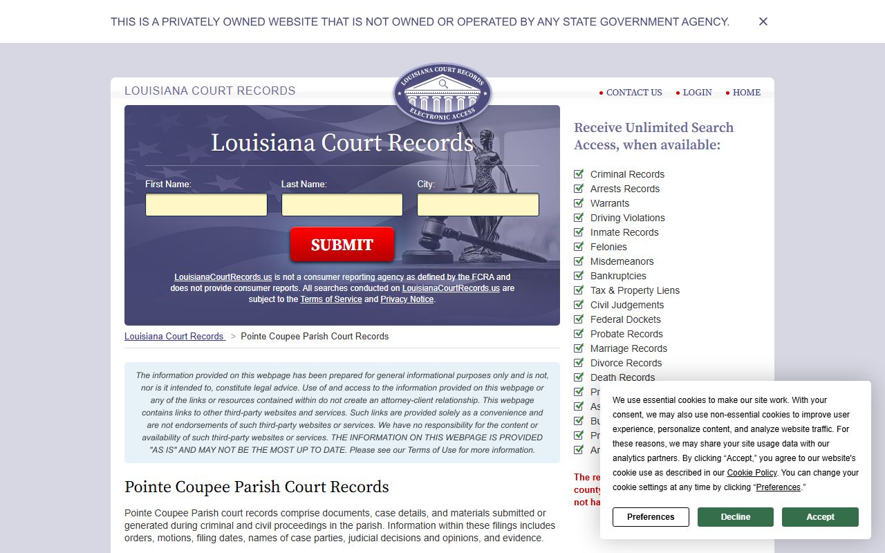 Pointe Coupee Parish records page for Pointe Coupee Parish obituary records