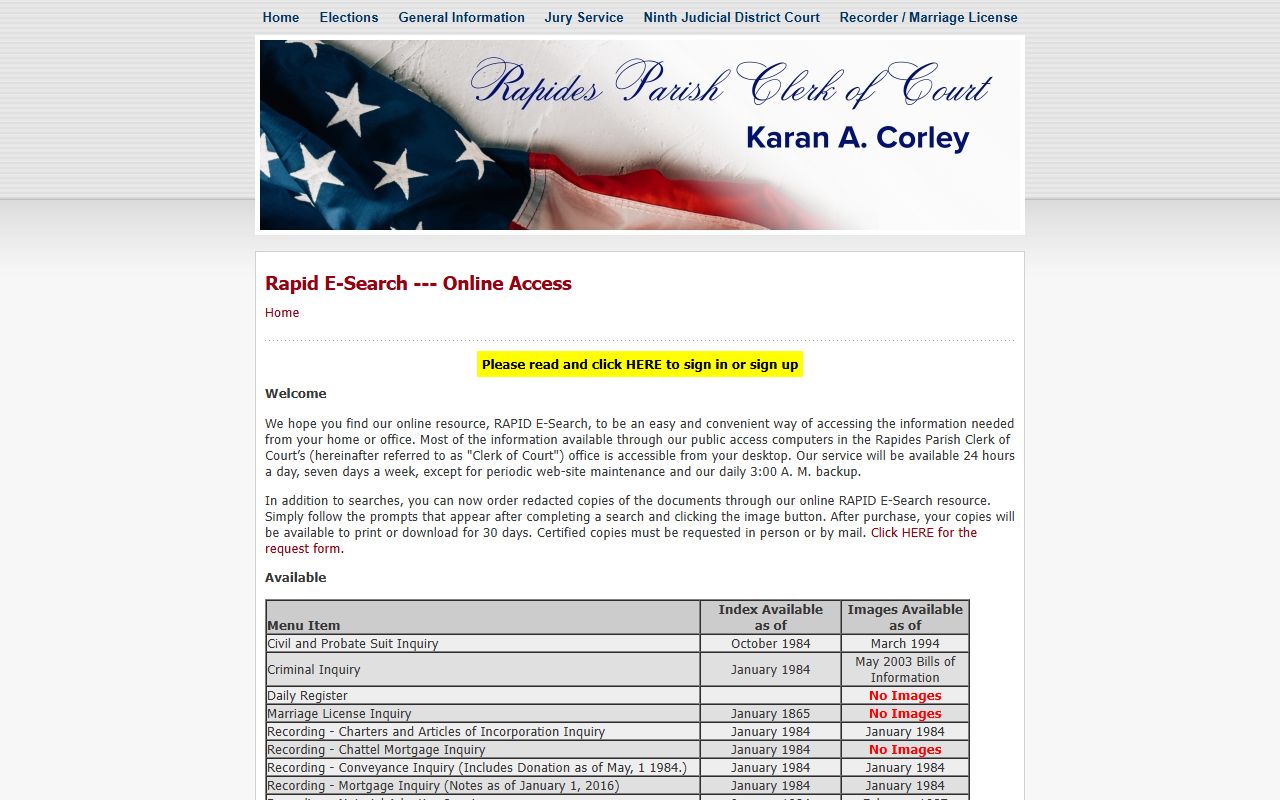 Rapidesearch portal page for Rapides Parish obituary records