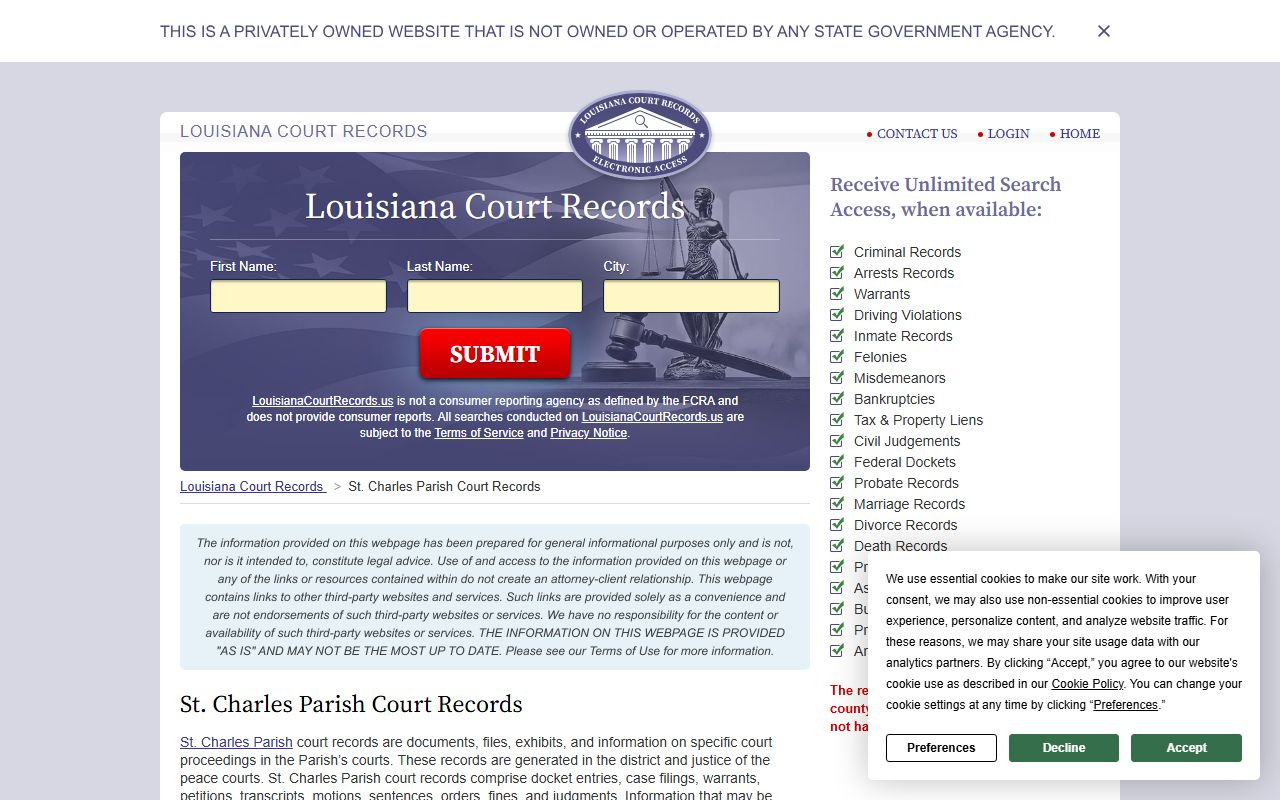 St. Charles Parish obituary records and court records search resource