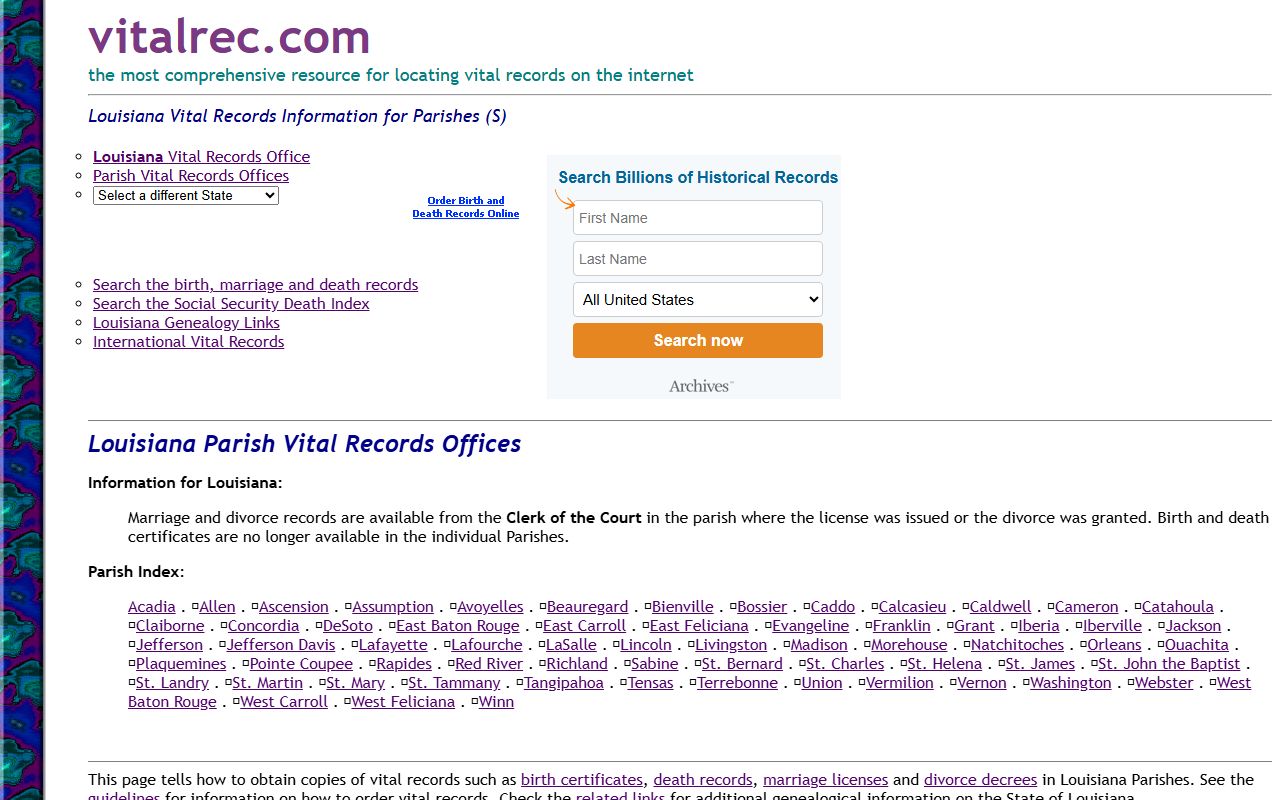 St. Charles Parish vital records and obituary records genealogy resource