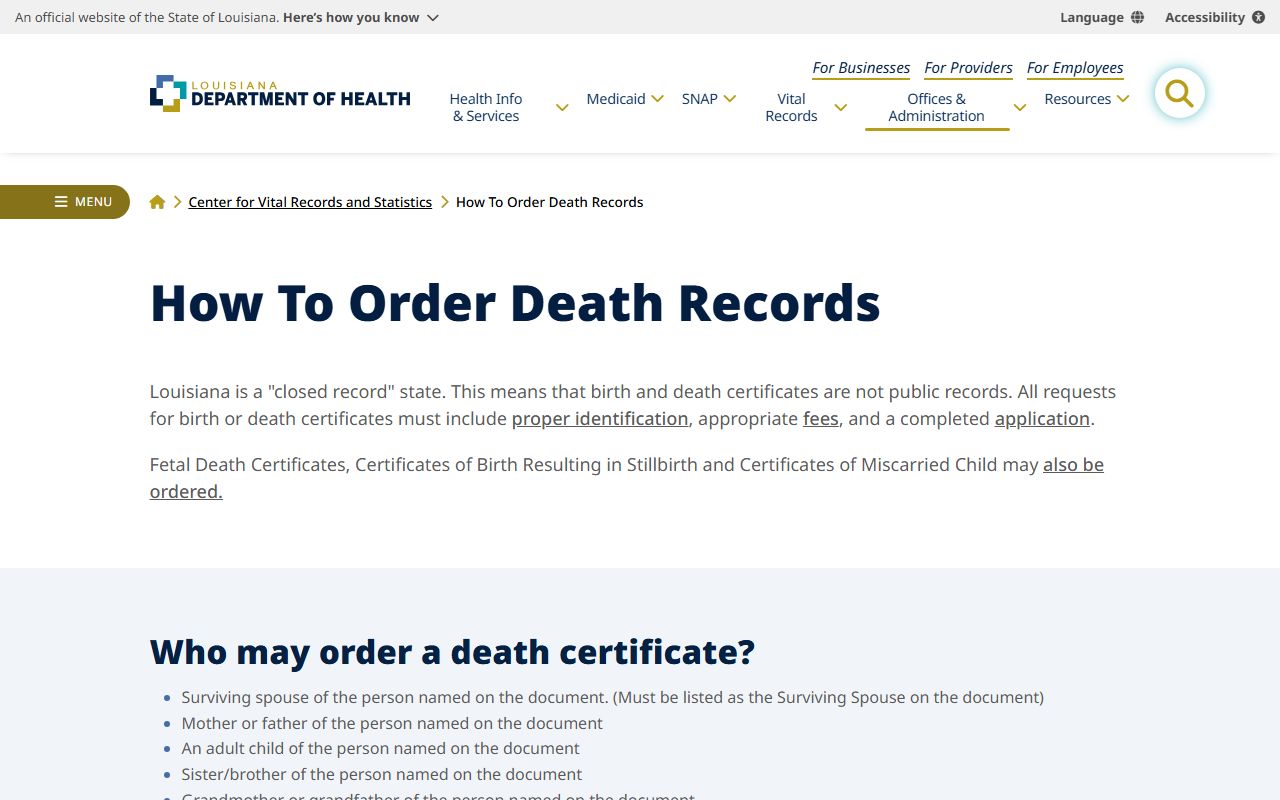 Louisiana Department of Health Vital Records Registry page for death records and obituary searches