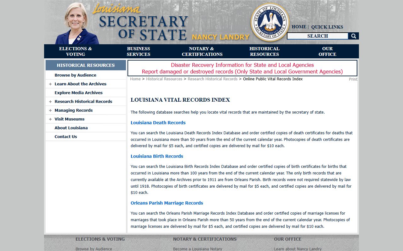 Louisiana Secretary of State vital records index showing the online public death records database
